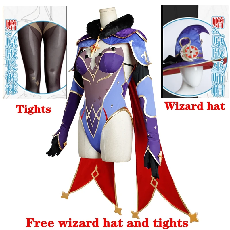 PS4 Game Genshin Impact Cosplay Costume Project Sexy Astrologer MONA Cloak Jumpsuit Anime Wig Hat Women Tights Set Customization