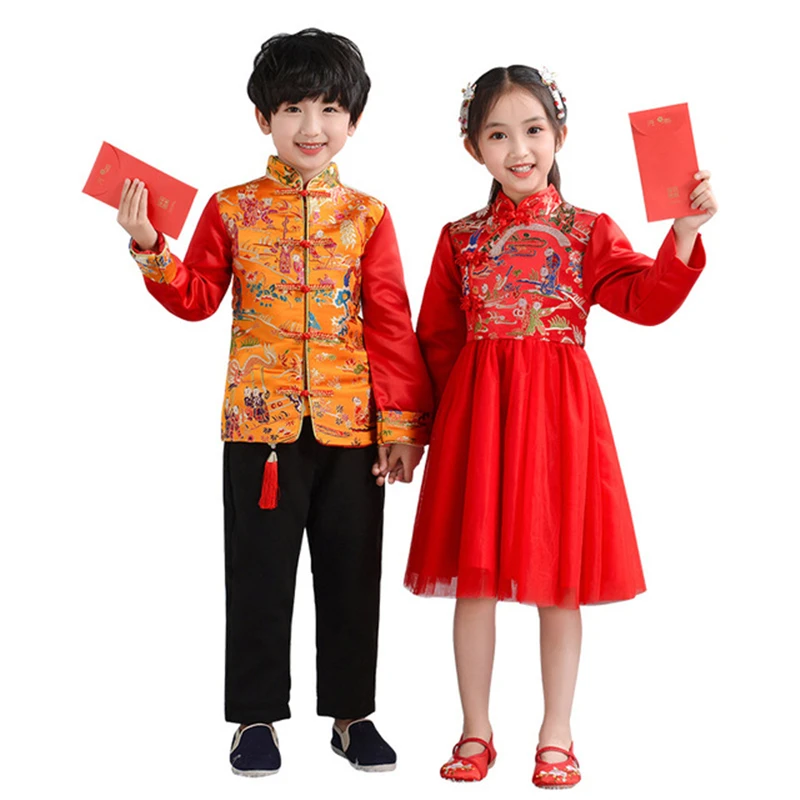 

Girls' ancient style red New Year's clothing, autumn and winter new warm children's Tang suit printing performance costumes