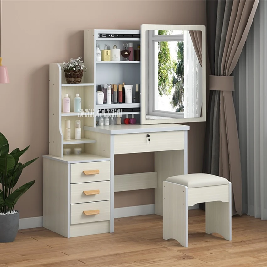 C918 Simple Modern Dresser Household Bedroom Dressing Table Density Board Makeup T able With Mirror Drawer Lock Stool