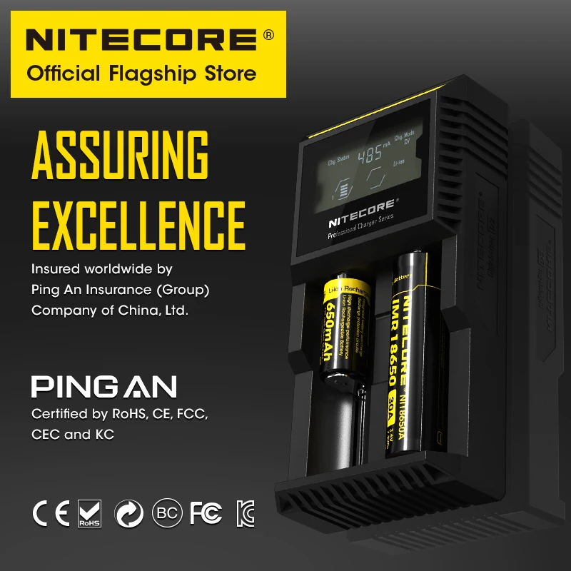 NITECORE D2 Smart Battery Charger 18650 Dual Slot Intelligent Digicharger For Li-ion IMR LiFePO4 22650 14500 AA AAA, Car Charger