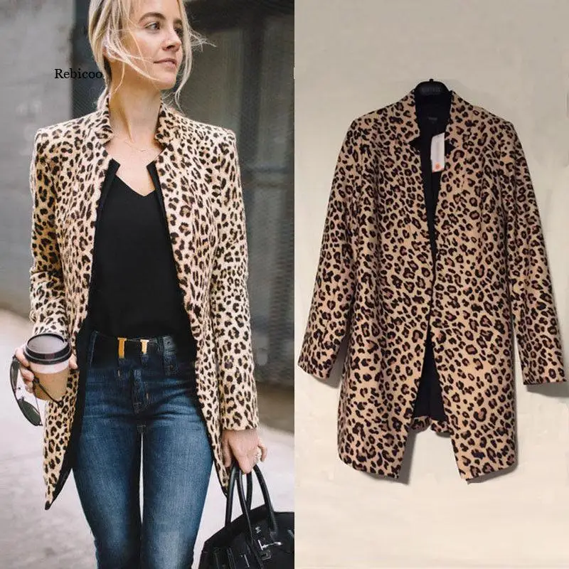 

Women Leopard Sexy Winter Warm Jacket New Wind Coat Cardigan Leopard Print Long Coat chaqueta mujer