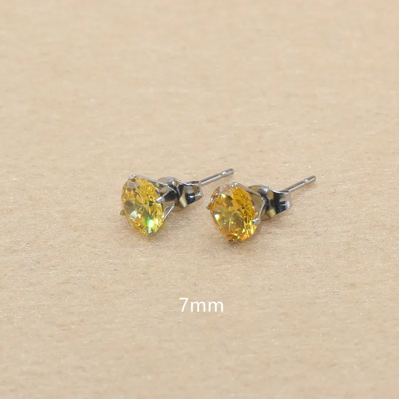 7mm AAA Round Colorful Yellow Zircons Stud Earrings With Stianless Steel Needle Brief Jewelry 20 Colors For Choose No Allergy