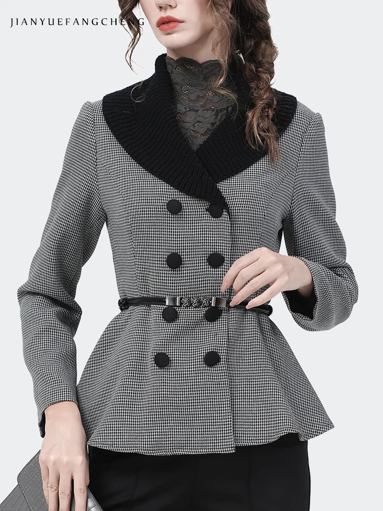 Office Ladies Gray Plaid Blazer With Kntted Collar Short Slim Coat 2021 Autumn New Fitted Waist Female Work Wear Vintage Tops