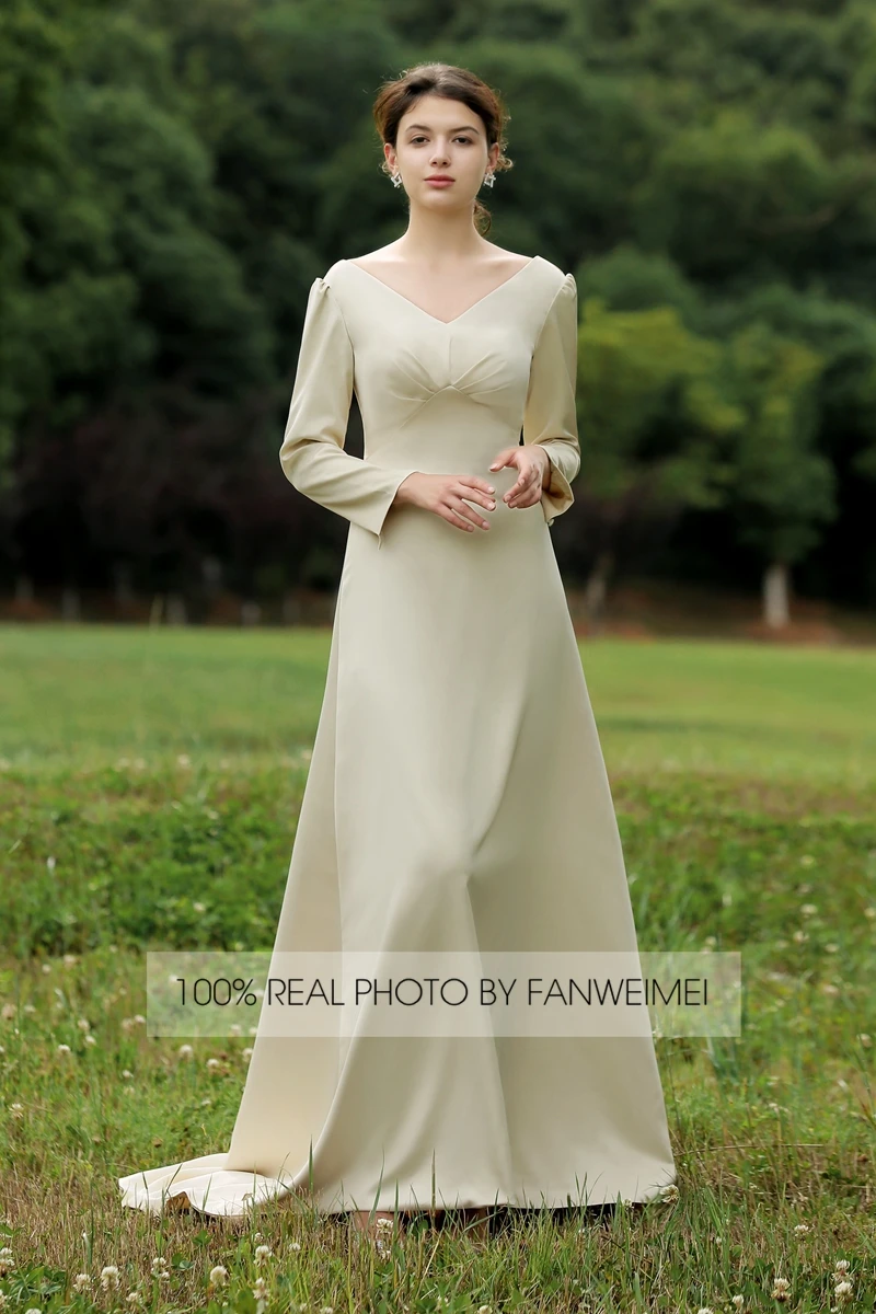 Vintage simple Long Sleeve  Silk Satin Wedding Dress Bride Dress BRIDAL gown FANWEIMEI#2025 REAL PHOTO FACTORY PRICE