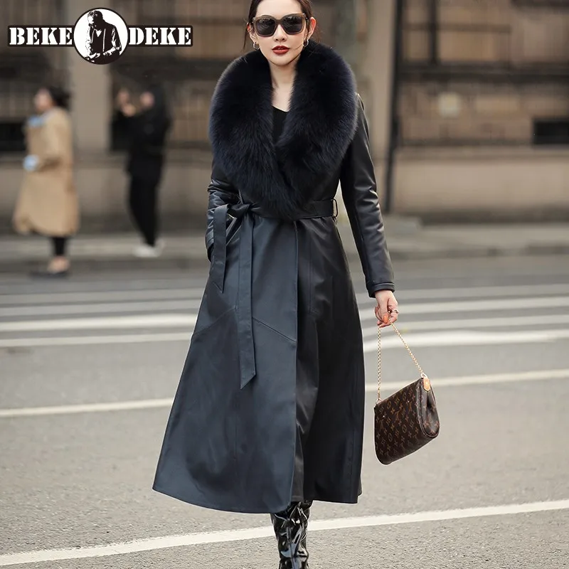 Women Winter Luxury Fox Fur Collar Down Coat Elegant Slim Real Leather Sheepskin Overcoat Thick Warm Office Lady Long Jacket