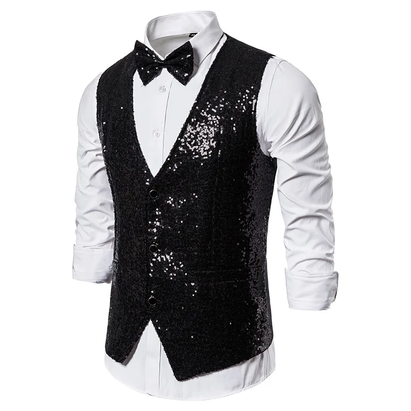 Shiny Royal Blue Sequin Jurk Vesten Slim Fit V-hals Glitter Tuxedo Vest Mens Wedding Party Stage Prom Vest met Bowtie