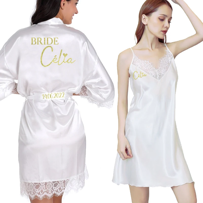 Personalized Date Name Lace Pajamas Set Women Wedding Bride Bridesmaid Robes Gown Bridal Party Gifts Wedding Pajamas set