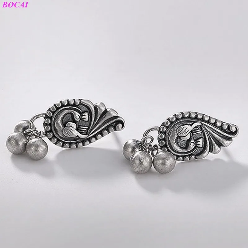 BOCAI S925 Sterling Silver Earrings for Women New Fashion Dumb Peacock Bells Original Literary Artistic Ear Studs Free Shipping