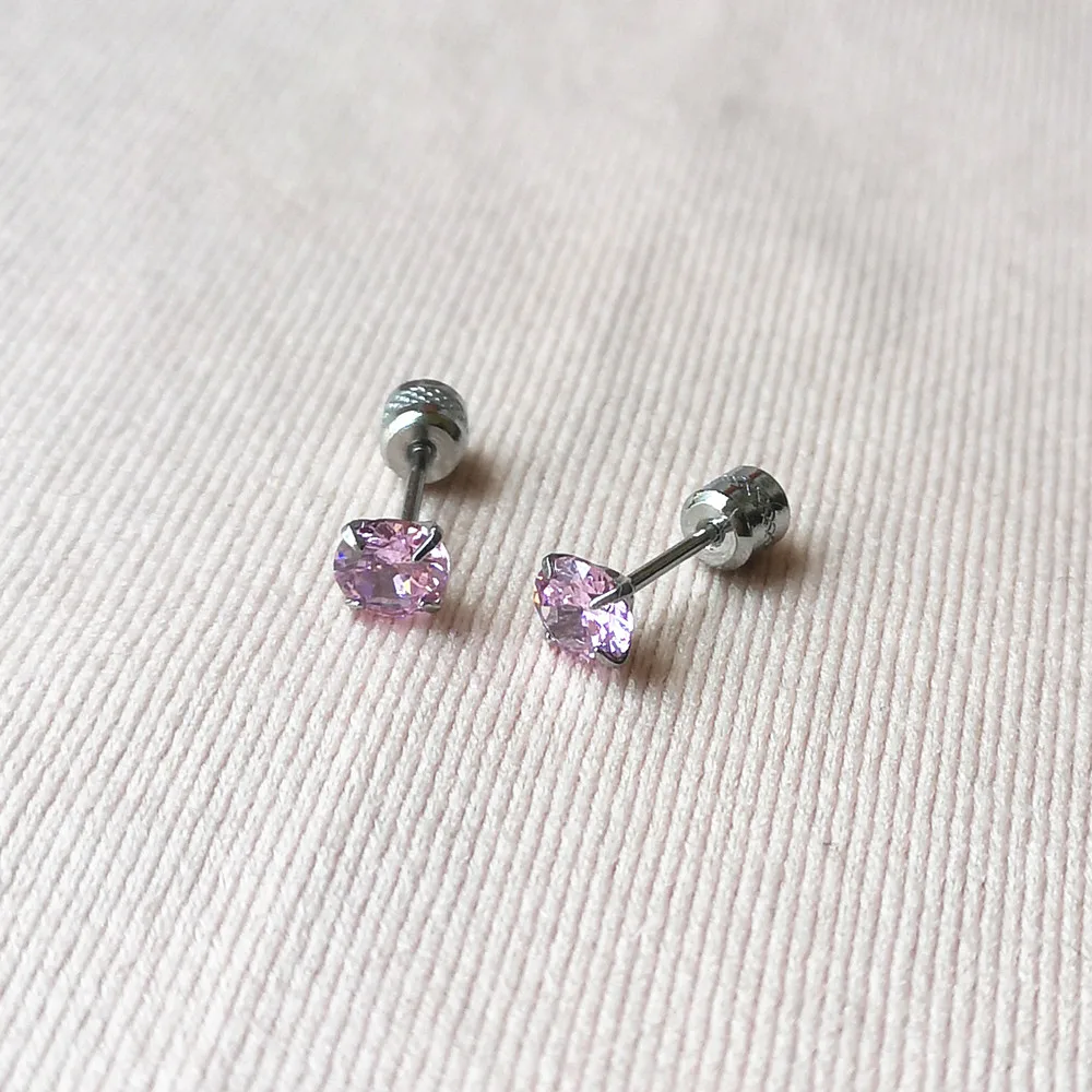 

1Pair Fashion Classic Stainless Steel Colors Beauty AAA Pink Zircons Screw-Back Stud Earrings