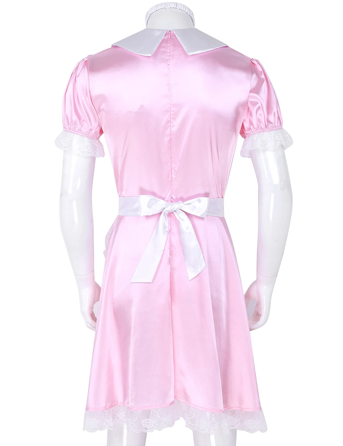 3Pcs Mens Sissy Girl Maid Dress Uniform Costume Doll Neck Short Sleeve Satin Dress with Headband and Apron for Cosplay Role Play