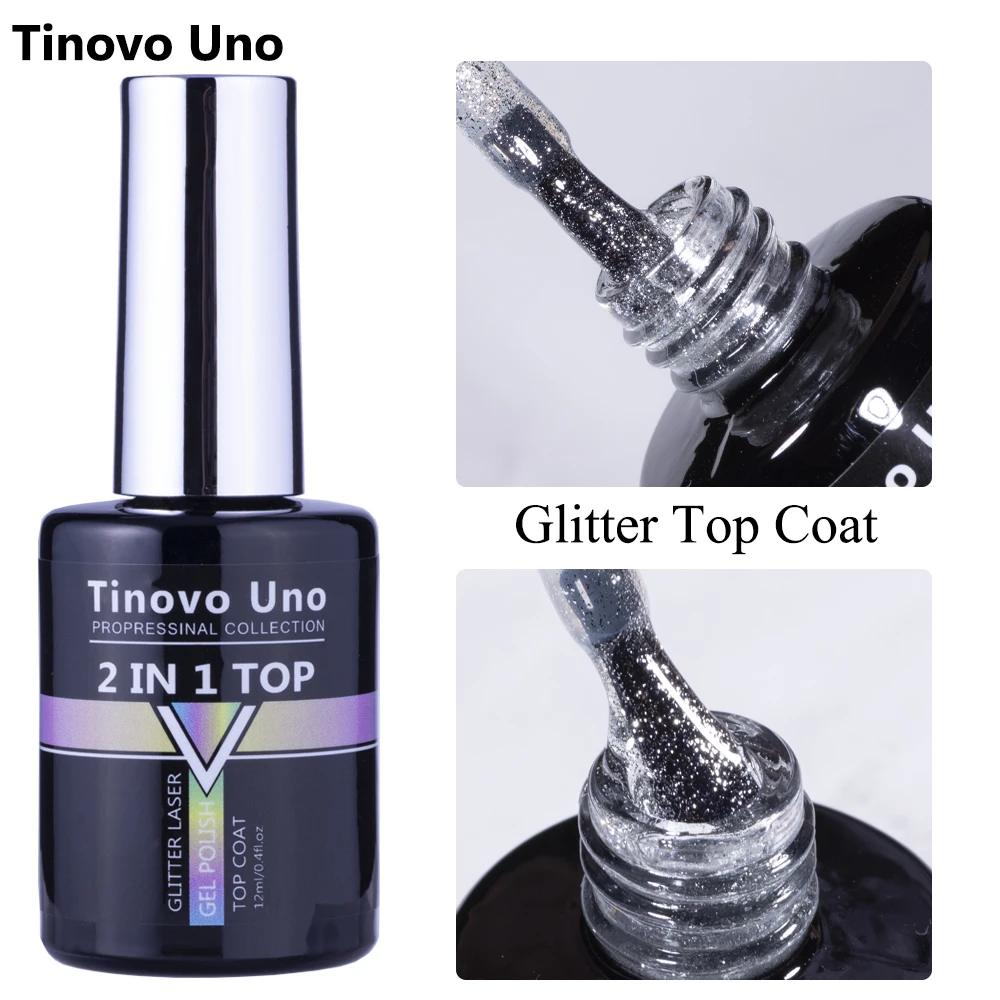 Tinovo Uno Glitter Top Coat UV Gel Nail Polish 2 IN 1 12ML Super Shine Laser Topcoat Manicure Vernis Semi Permanent Gel Finish