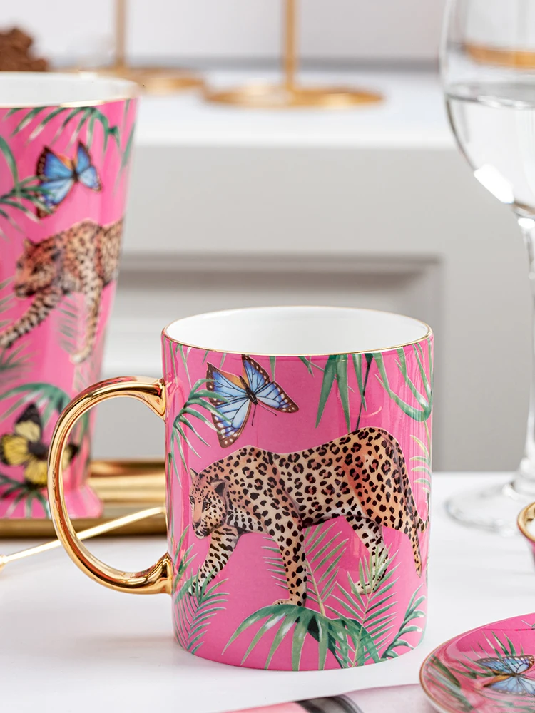 Creative Pink Bone China Mug, Leopard, Forest Cheetah Ceramic Coffee Cup, Milk, Water, Afternoon Tea, Party Drinking,  Drinkware