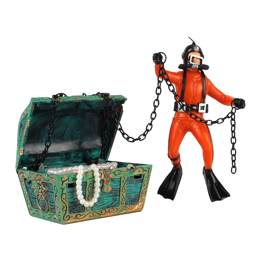 Treasure Hunter Fish Tank Ornament Fish Tank Decorations Aquarium Decoration Accessories 1Pc Diver Action Figure Treasure Chest