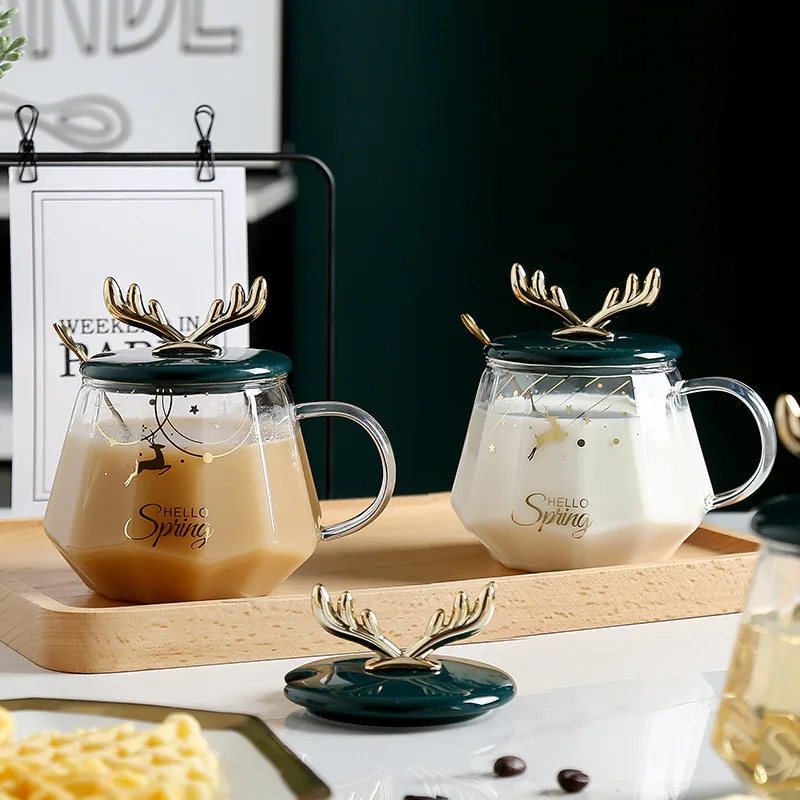 

Christmas Heat-Resistant Milk Cup Mug Household Clear Glass Water Cup with Handle Coffee Cup Office Cup with Lid Spoon