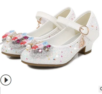 

Princess Kids Leather Shoes for Girls Flower Casual Glitter Children High Heel 2021 Girls Shoes Butterfly Knot Blue Pink Silver