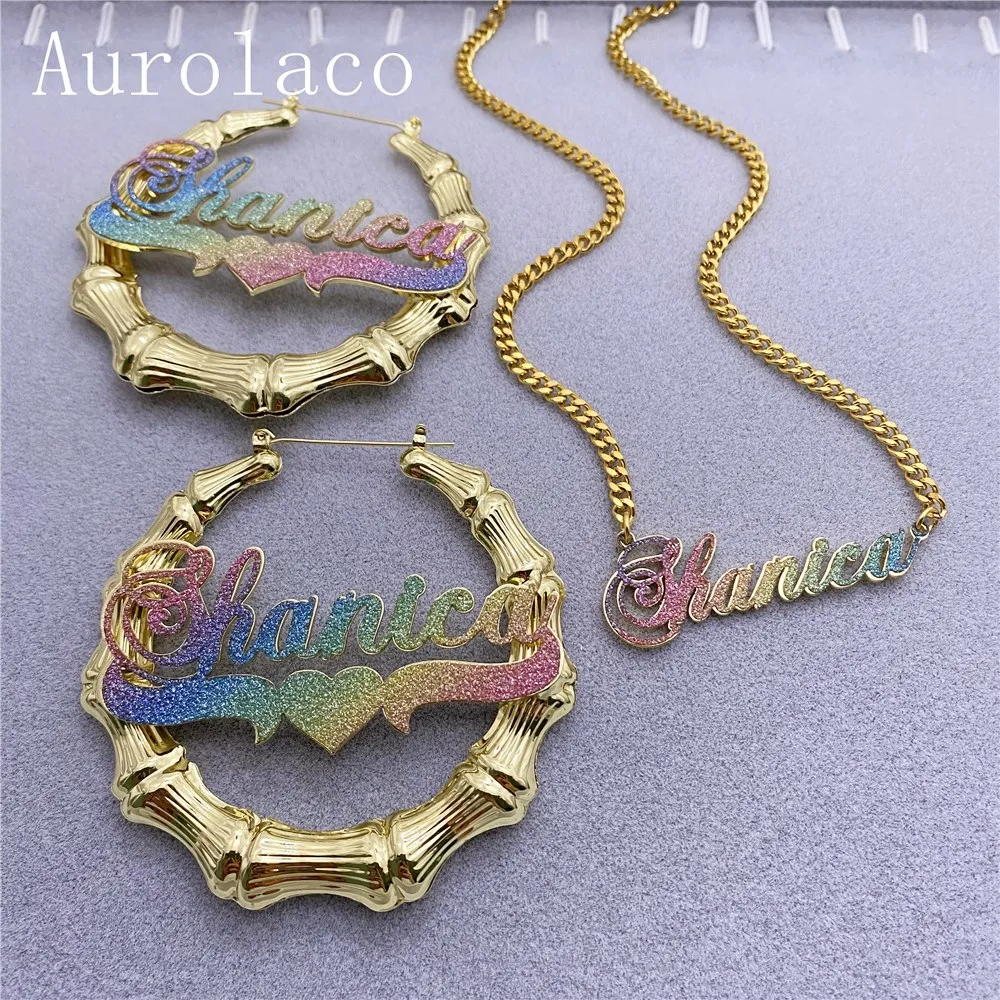 AurolaCo Custom Jewelry Set Bling Name Necklace Cuban Chian Colorful Sticker Bamboo Earrings Custom Name Necklace Jewelry Gift