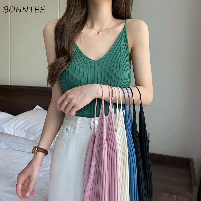 Camisole Women Summer V-neck Solid Slim Comfortable Simple Basic All-match 5 Colors Leisure Trendy Ladies Sexy Popular Daily Ins