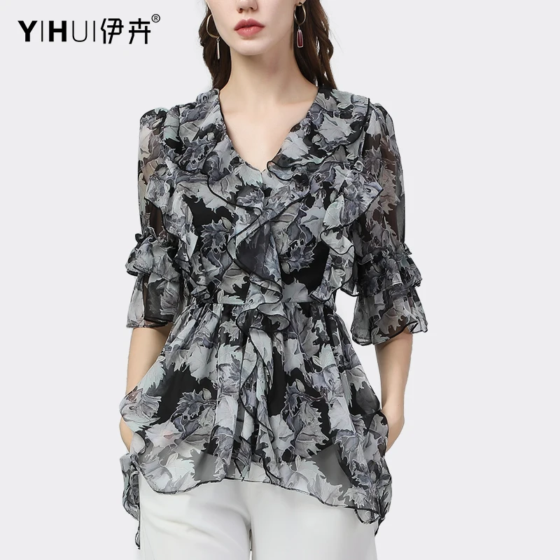 Fashion 3D Cascading Ruffles Chiffon Floral Printing Blouse Women Summer Mid-Length V-Neck Defined Waist Slmming Tops 2021 New
