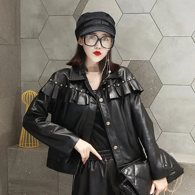 Womens Ruffle Sheepskin Coat Streetwear Short Genuine Leather Jackets OL Style Elegant Party Single Breasted Red Outerwear M-3XL