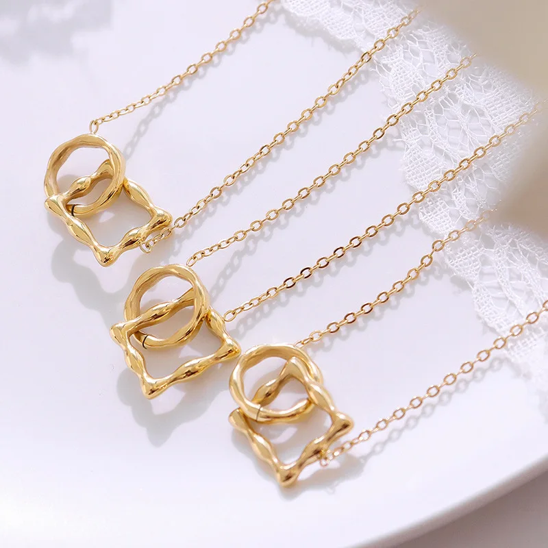 

INS Stainless Steel Waterproof Geometric Round Square Clasp Pendant Necklaces for Women Hollow Charm Collar Gift Jewelry