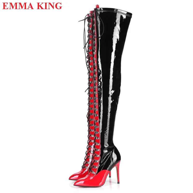 Winter Red Black Shiny Leather Overknee Boots Women Lace Up Stiletto Party Thigh High Boots Fashion High Heel Strip Shoes Woman