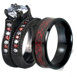Romantic Couple Rings Fashion Men Stainless Steel Carbon Fiber Rings Cute Women Zircon Ring Set Wedding Engagement Band Lover