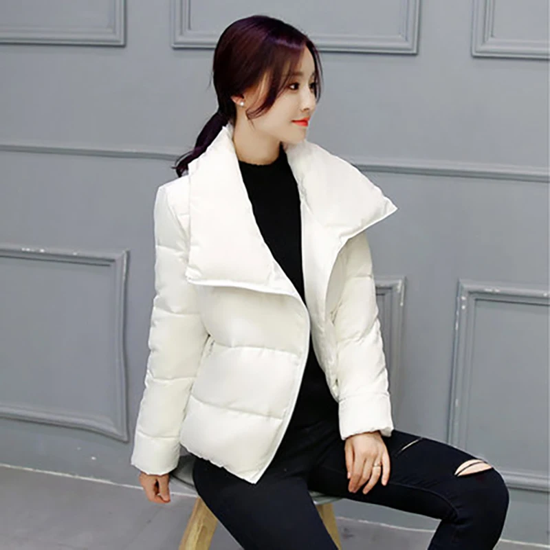 Winter Slim Short Jacket Women Elegant Solid Color Big Turn-Down Collar Zipper Cropped Parka Thick Warm Down Cotton Quilted Coat