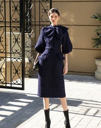 tailor shop winter navy big puffle sleeve tweed female light luxury dress Semi-Formal Dresses princess  autumn sparkly dress