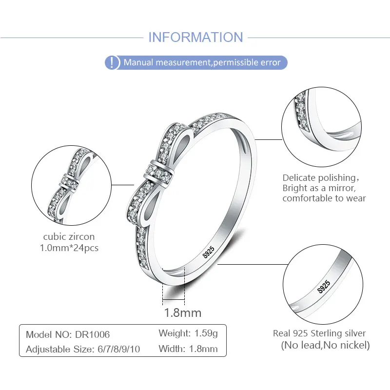CLUCI Cute 925 Sterling Silver Bowknot Women Party Wedding Ring Jewelry High Quality Silver 925 Gift Zircon Ring DR1006SB