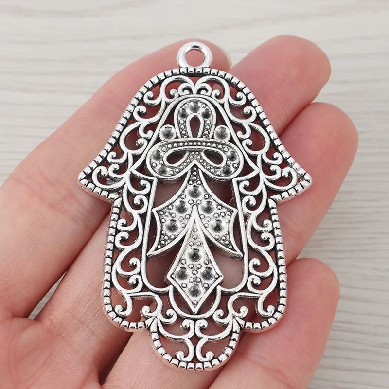 2 x Tibetan Silver/Gold Color Large Hamsa Hand Charms Pendants for DIY Necklace Jewelry Making Findings Accessories 65x45mm