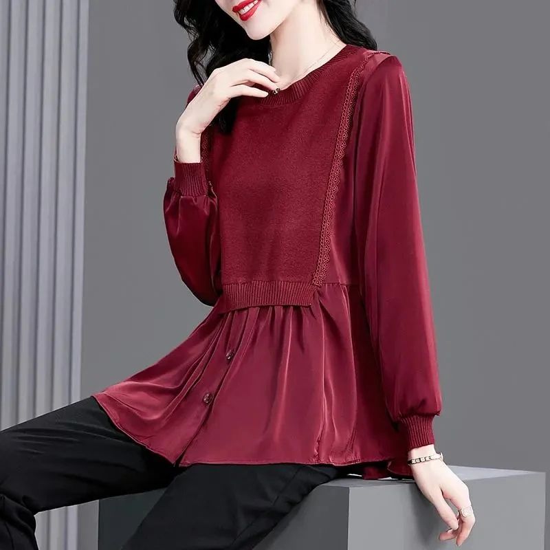 Bluse Frühling Herbst Neue Damen Shirts Spleißen High-End-Temperament Mode Langarm Jacke Rundhals Hit Ende Hemd