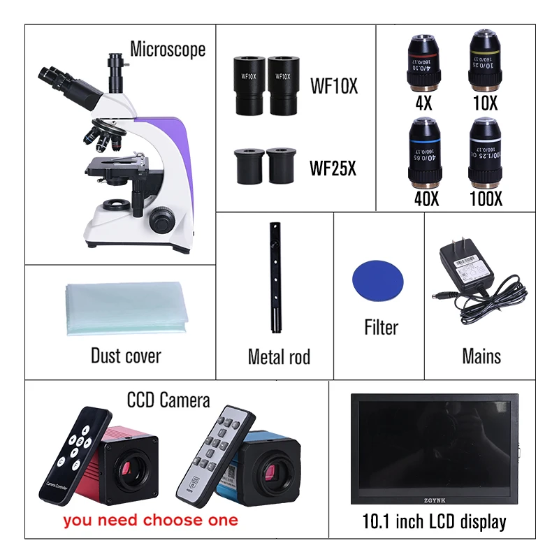 Professional Lab biological HD trinocular microscope zoom 2500X + 16MP electronic digital Camera USB HDMI VAG + 10-inch LCD led