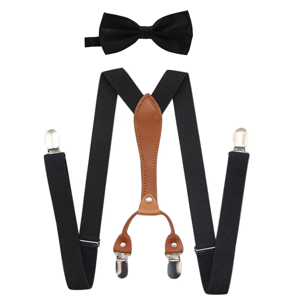 Black Suspenders Bow Tie Set for Men Boy Wedding Party Event X-Back 4 Clips Adjustable Elastic Trouser Brace Strap Belt Dad Gift