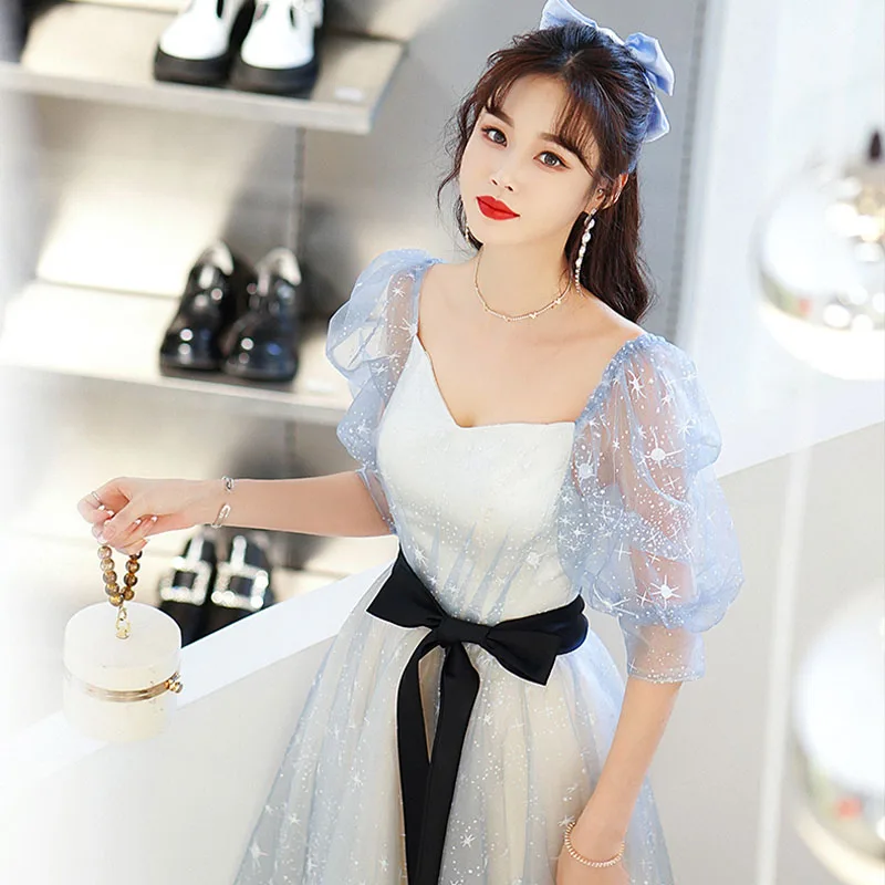 

Sequins V-Neck Evening Dress Elegant Half Sleeves Black Sashes Floor-Length Simple A-Line Lace Up Woman Formal Party Gowns A2003
