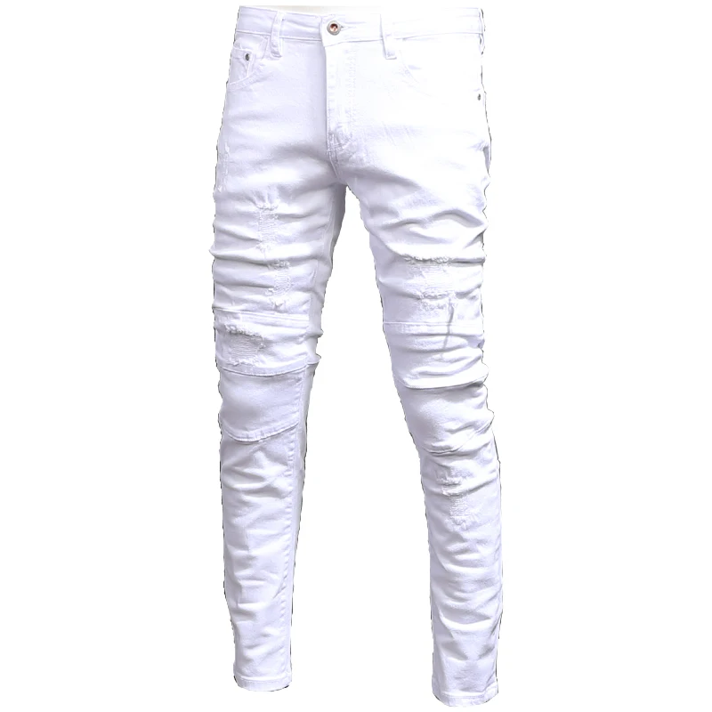 Pantalones vaqueros blancos para hombre, ropa de calle informal de algodón, Pantalones rectos ajustados, parches rasgados, Verano