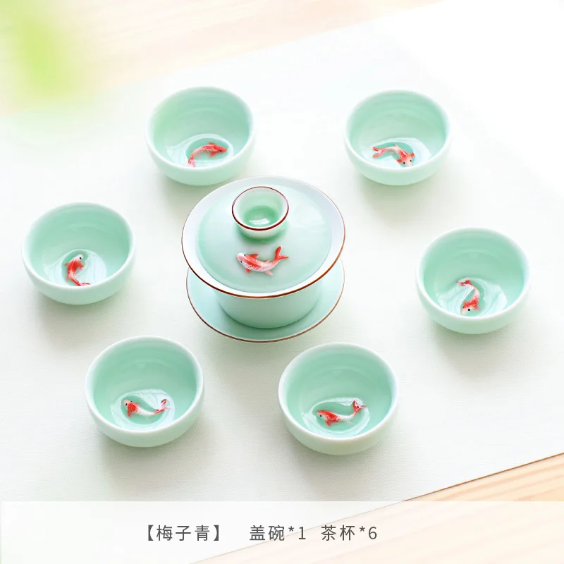 6pcs Kung Fu Tea Cup Set Celadon 3D Golden Fish China tea cups,Crackle Glaze Travel Tea Bowl Chinese Porcelain Teacup Set