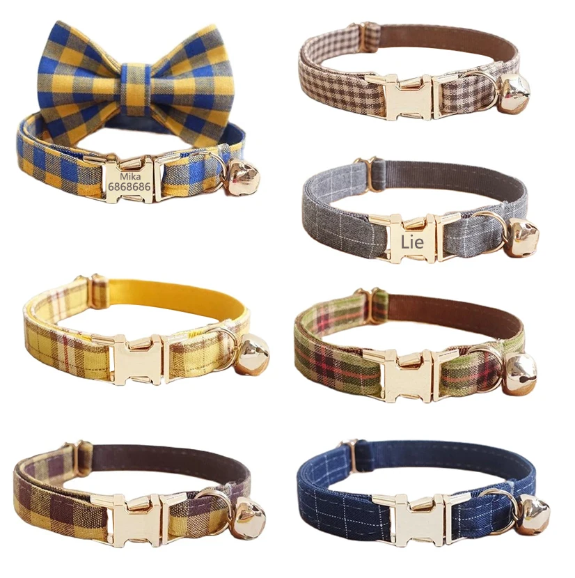 Personalized Cat Collar with Bell Bow tie Customized Puppy Small Dog Collars Engraved Cats Necklace for Cat Kitten Collar Plaid