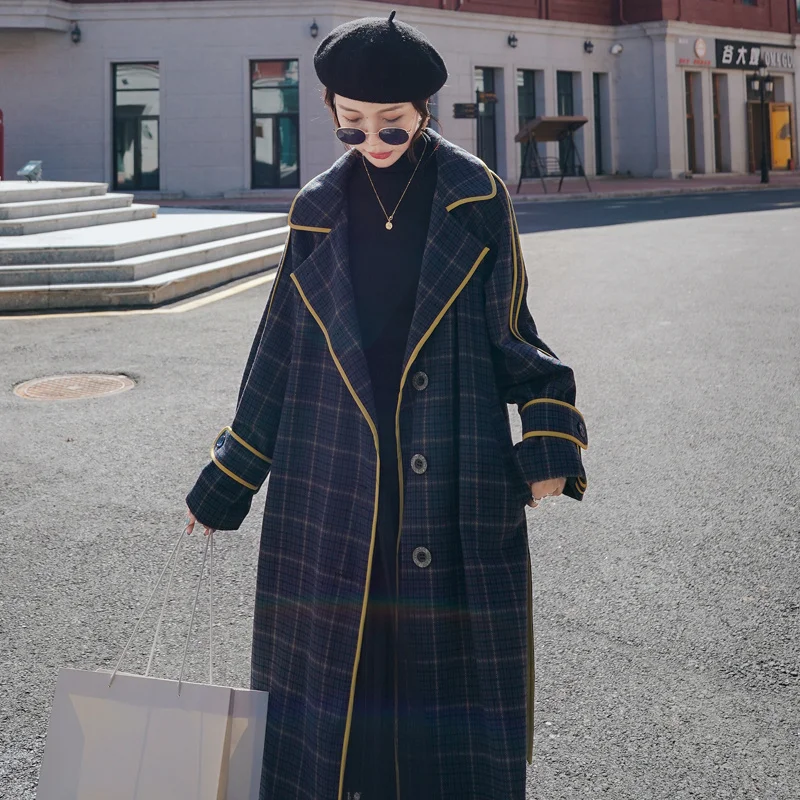 

Fashion Long Trench Woolen Coats Women's Clothing 2022 New Autumn Winter Retro Plaid Wool Coats Female Jackets Overcoats d129