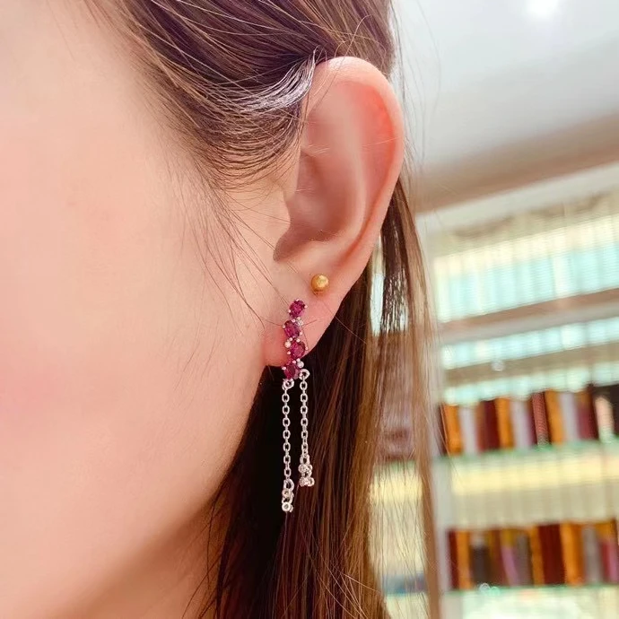 KJJEAXCMY fine jewelry 925 sterling silver inlaid natural pyrope garnet New girl elegant and delicate tassel gem Earrings suppor