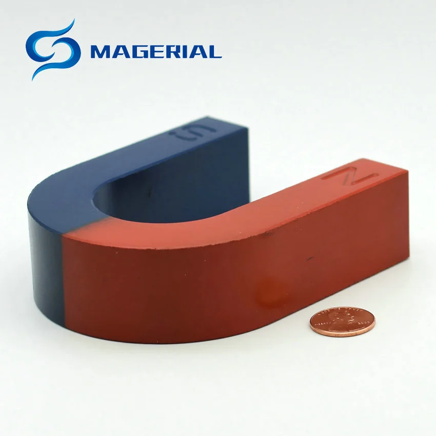 1 pz giocattolo esperimento magnete tipo U 105x85x30mm forza di trazione a ferro di cavallo 3.4Kg studente blu rosso giocattolo magnetico strumento