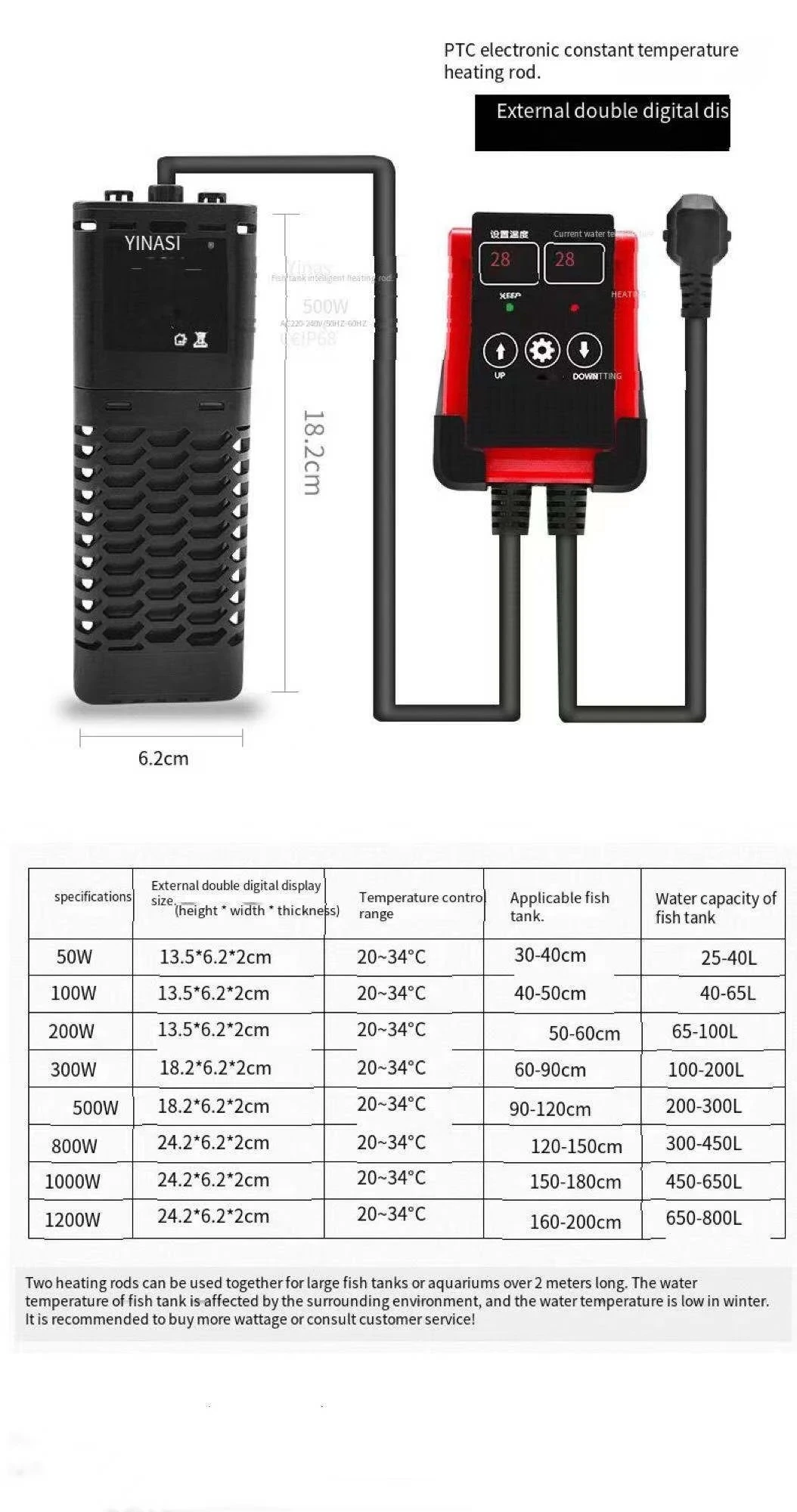 New Aquarium Submersible Heater Fish Tank LCD Display Adjustable Water Heating Rod Constant Auto Temperature 220V-240V 50W-1200W