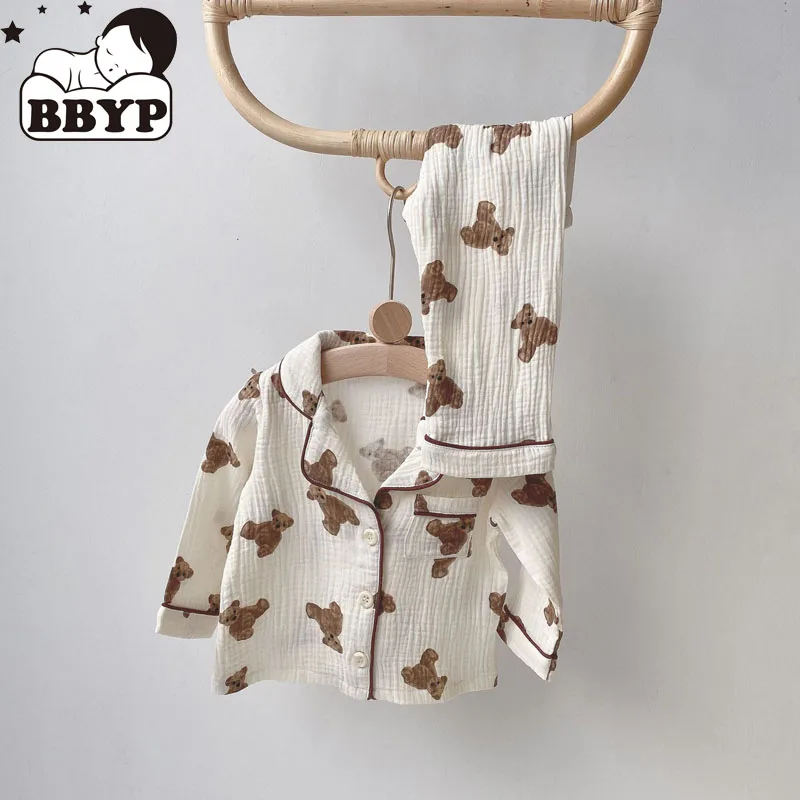 2Pcs Autumn New Kids Pajamas Korean Long Sleeve Print Bear Cardigan And Pants Cotton Musline Yarn Sleepwear