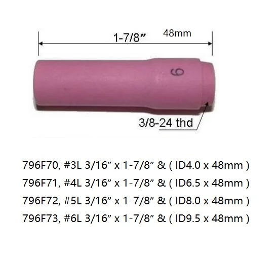 TIG Aluminaหัวฉีดถ้วยเซรามิคยาว796F73 # 6L 3/8 ",d9.5 X 48Mm Orifice Fit DB SR WP 9 20 25ไฟฉายเชื่อมTIG 10pk