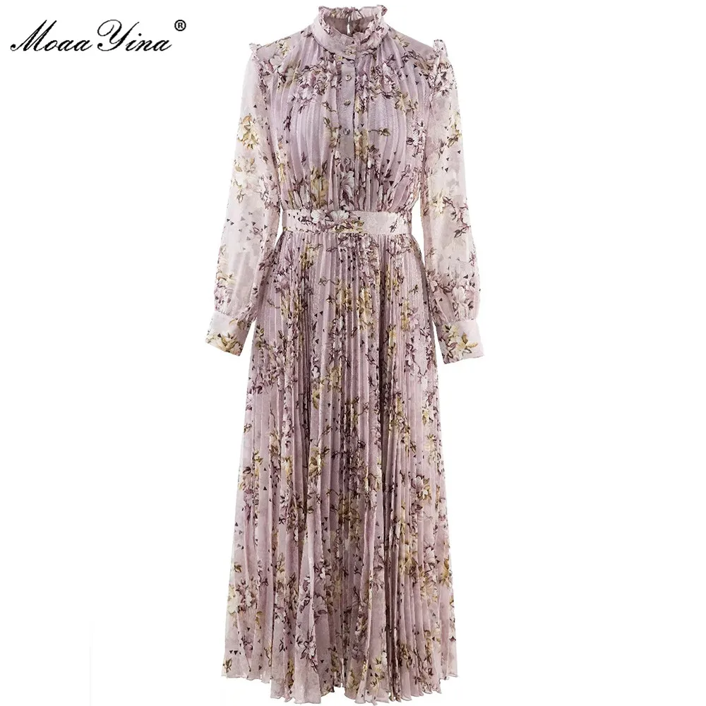 

MoaaYina Fashion Designer dress Spring Women Dress Half High Neck Long Sleeves Printing Elegant Violets Ankle-Length Dress