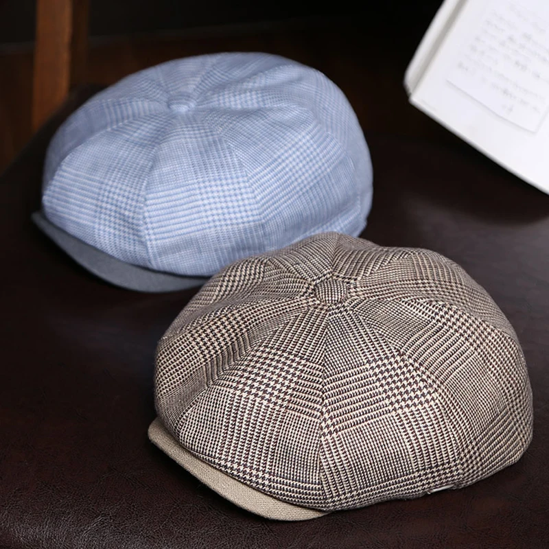 Pure Linen Plaid Newsboy Hat Men Women Gatsby Cap Retro Light Blue Beret Hat Spring Autumn Winter British Painters Hat BLM390