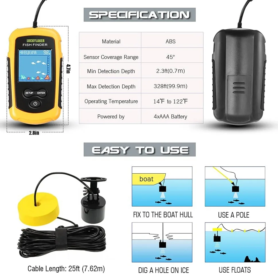 LUCKY Kayak Handheld Fish Finders Fishing Boat Depth Fishing Finder Display Sonar Fish Finder Portable LCD for Boat Canoe