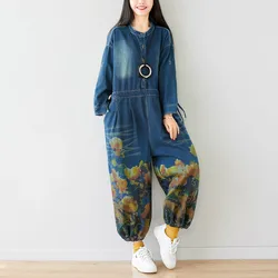 2022 Women Floral Jeans Vintage Denim Jumpsuit Long Sleeve Overall Baggy Bib Pants Female Loose Romper Autumn Streetwear