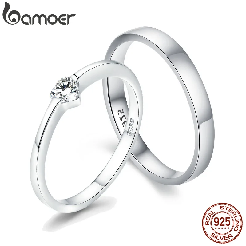Bamoer Prosty klasyczny podstawowy srebrny zestaw pierścionków Kobiety 925 Sterling Silver Miłość Zaręczynowy Biżuteria ślubna Minimalistyczny mały pierścionek