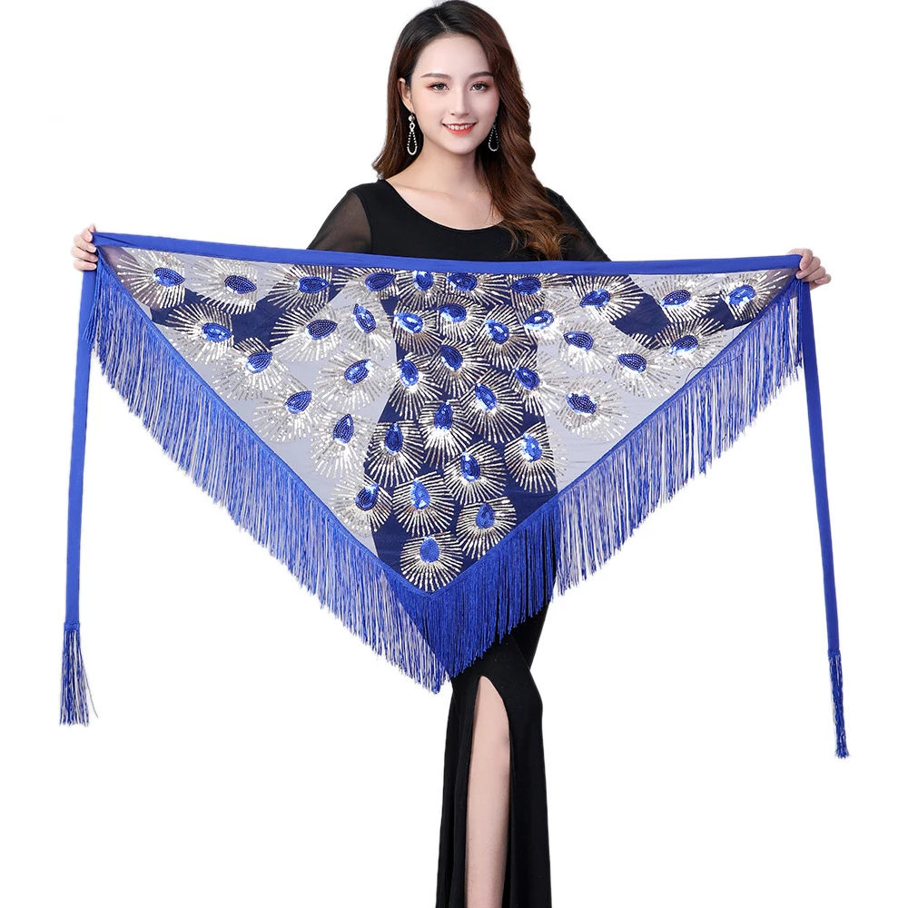 Class Wear Belly Dance Clothes Black Mesh Base Long Fringes Triangle Sequins Belt Bellydannce Hip Scarf for Gilrs