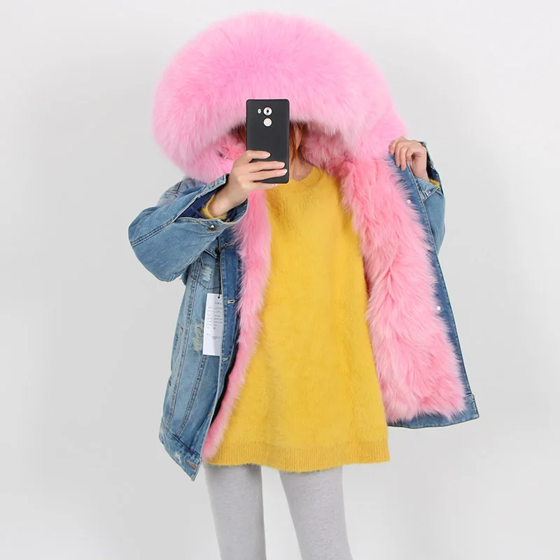 Maomaokong denim jacket natural fox fur lined jacket coat  Women's jacket   women winter coats 2020 Women's fur coat